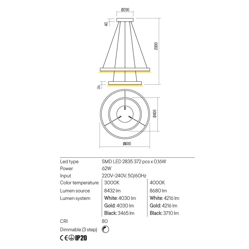 Redo 01-2889 - Lustre LED dimerizável suspenso por cabo FEBE LED/62W/230V dourado