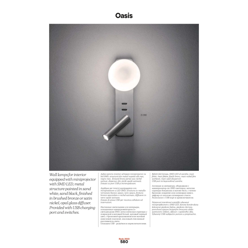 Redo 01-2993 - Aplique de parede LED OASIS LED/3W/230V + 1xG9/10W USB IRC 90 cromado brilhante
