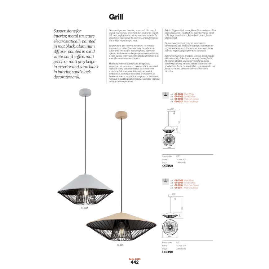 Redo 01-3008 - Candeeiro suspenso com cabo GRILL 1xE27/42W/230V Ø 49,5 cm preto/branco