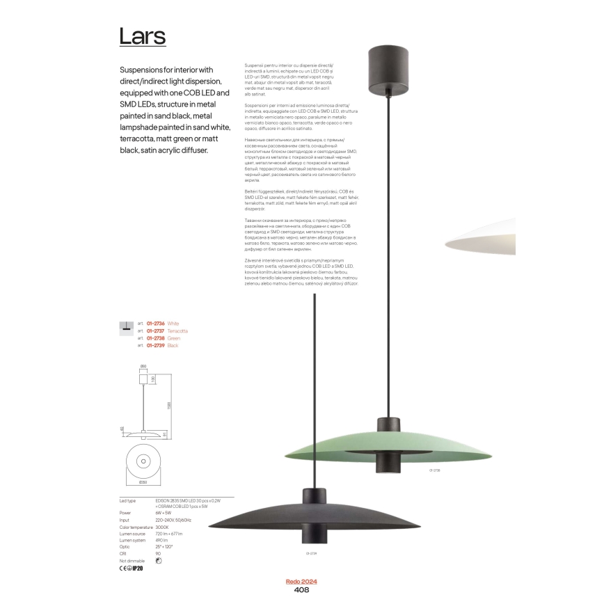 Redo 01-3021 - Lustre LED suspenso por cabo LARS LED/14W/230V + LED/10W, diâmetro 60 cm, CRI 90, preto