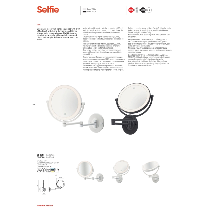 Redo 01-3087 -Espelho de maquilhagem LED regulável SELFIE LED/7W/230V 3000/4000/6000K branco