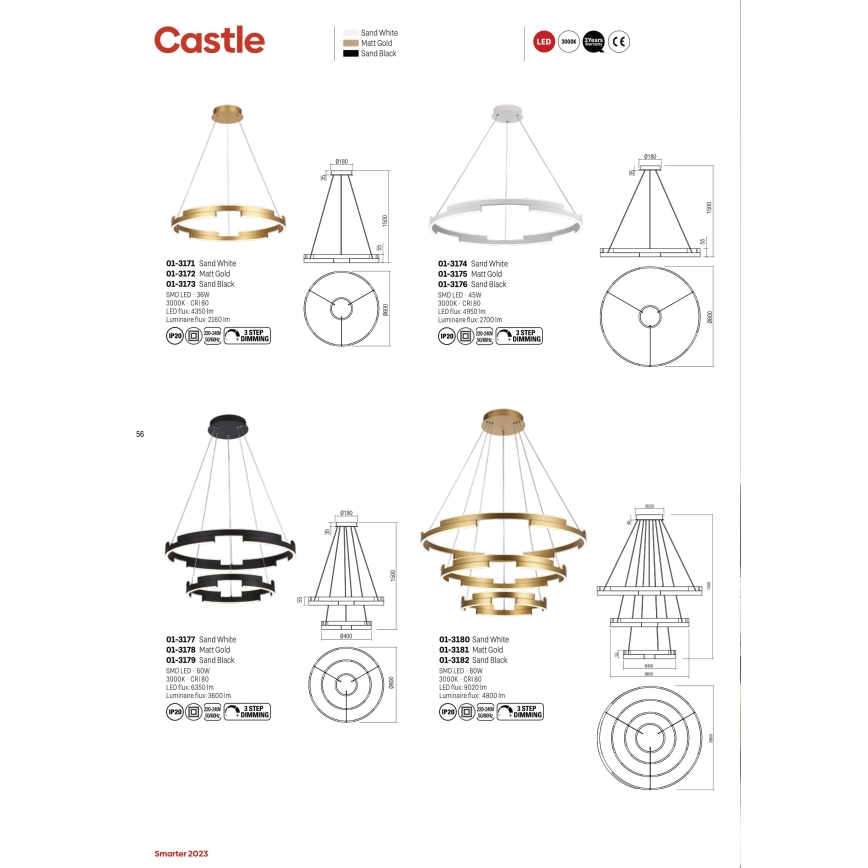Redo 01-3179 - Candelabro suspenso LED com regulação CASTLE LED/60W/230V preto