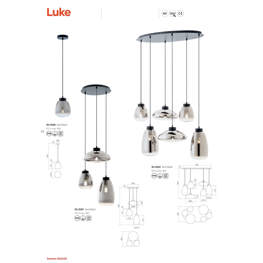 Redo 01-3212 - Candeeiro suspenso LUKE 6xE27/42W/230V preto