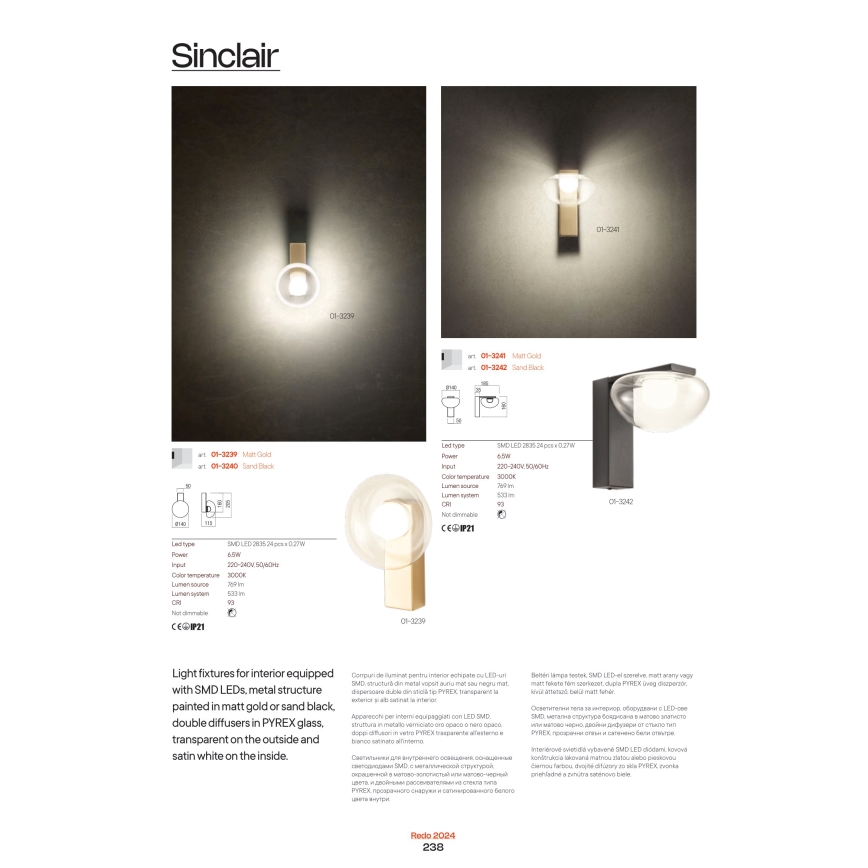 Redo 01-3239 - Luminária de parede LED SINCLAIR LED/6,5W/230V CRI 93 IP21 dourada