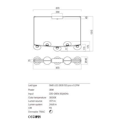 Redo 01-3243 - Candelabro suspenso LED com regulação SINCLAIR LED/35W/230V CRI 93 IP21 dourada