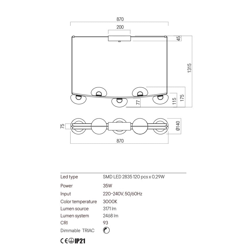 Redo 01-3243 - Candelabro suspenso LED com regulação SINCLAIR LED/35W/230V CRI 93 IP21 dourada