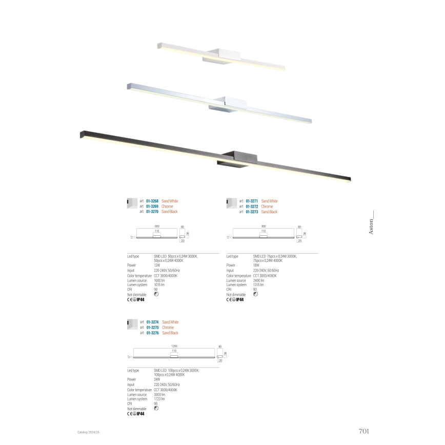 Redo 01-3268 - Iluminação de espelho para casa de banho LED ASTON LED/12W/230V 60 cm CRI 90 IP44 branco