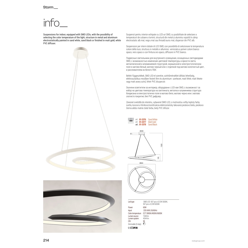 Redo 01-3376 - Lustre LED dimerizável suspenso por cabo STORM, 60 W, 230 V, 3000/4000/6000 K, CRI 90, Ø 80 cm, branco