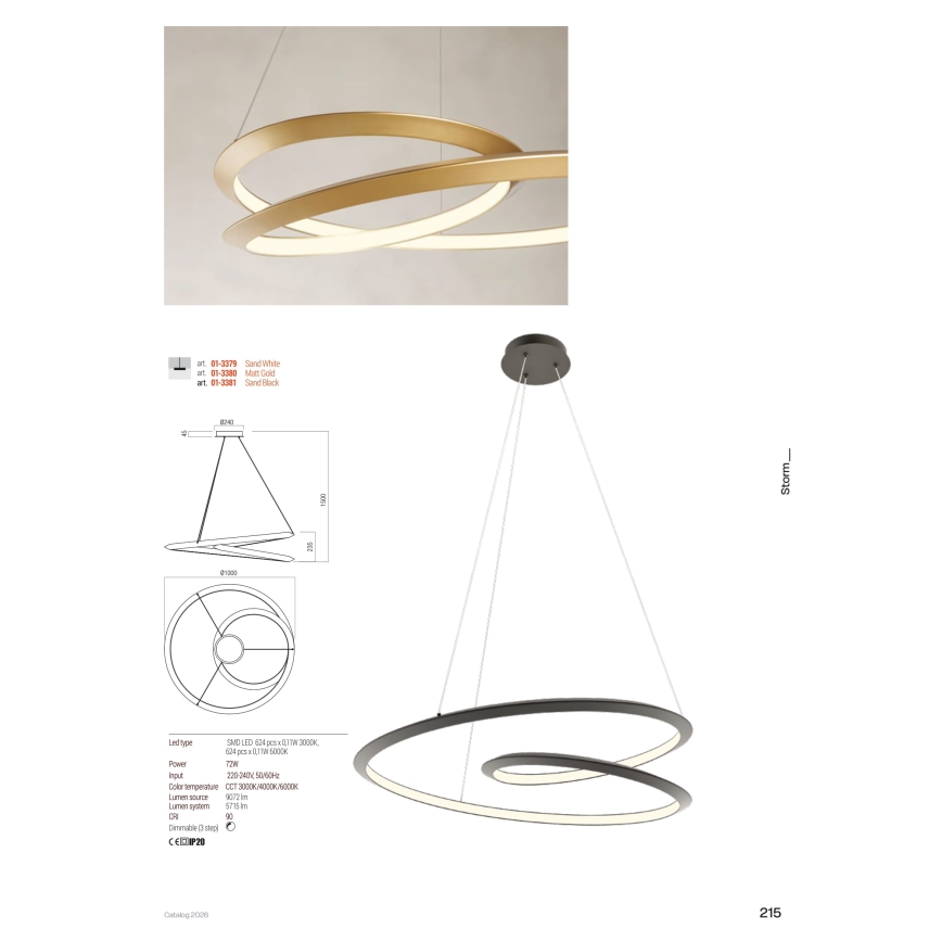 Redo 01-3376 - Lustre LED dimerizável suspenso por cabo STORM, 60 W, 230 V, 3000/4000/6000 K, CRI 90, Ø 80 cm, branco