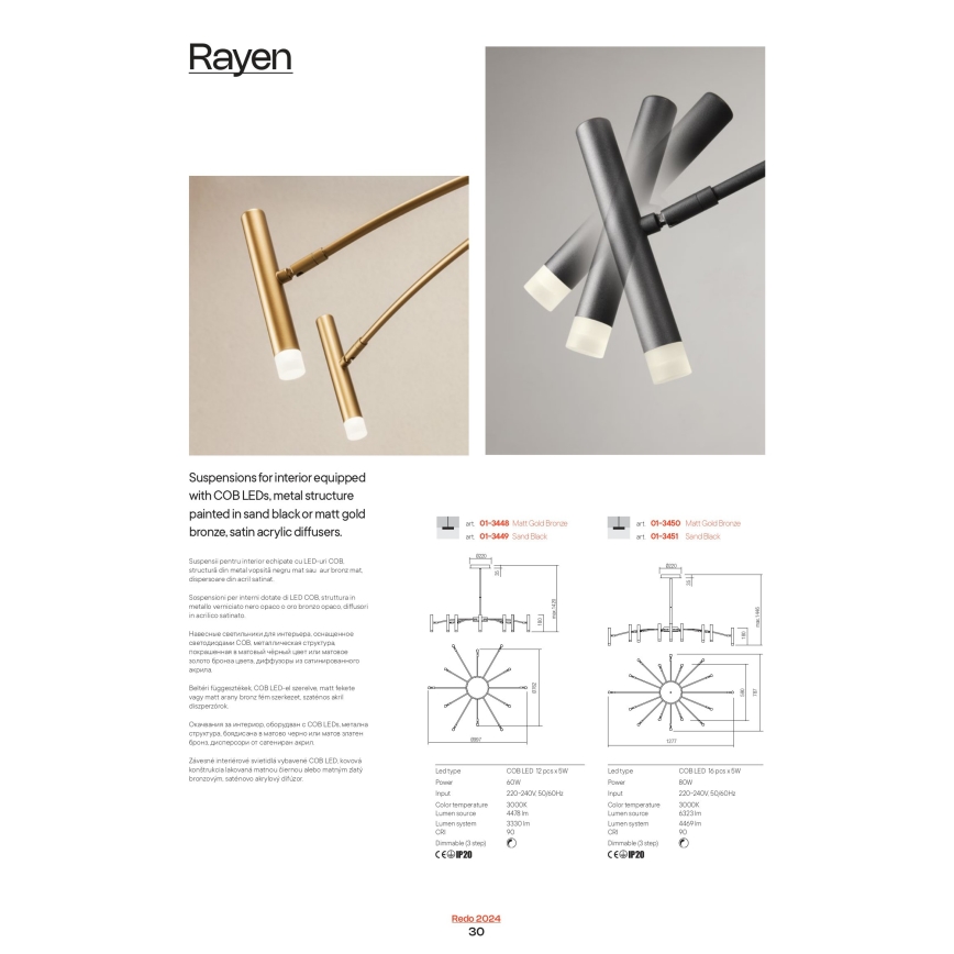 Redo 01-3448 - Lustre LED dimerizável em haste RAYEN LED/60W/230V CRI 90 dourado