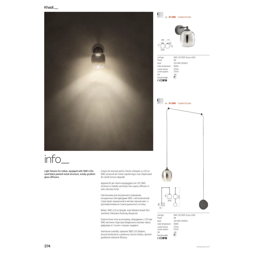 Redo 01-3487 - Lustre LED dimável com cabo KHADI 5xLED/5,2W/230V CRI 90 aranha preta/fumada