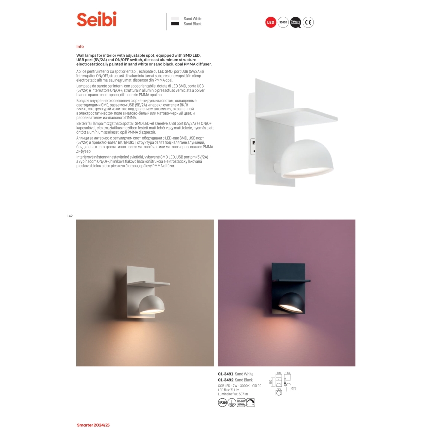 Redo 01-3491 - Foco de parede LED SEIBI LED/7W/230V USB CRI 90 branco