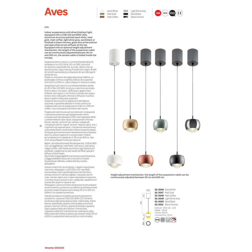 Redo 01-3551 - Candeeiro suspenso LED AVES LED/12W/230V diâmetro 9,6 cm CRI 90 antracite