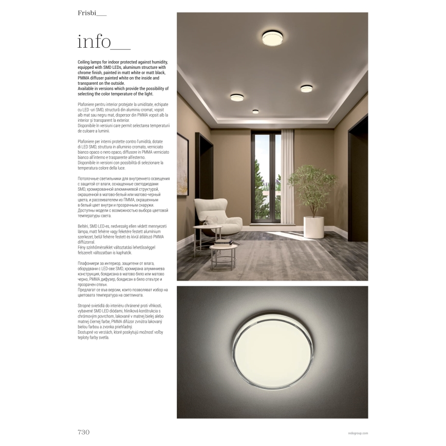 Redo 01-3727 - Plafon LED para banheiro FRISBI LED/12W/230V diâmetro 23 cm CRI 90 3000/4000K IP44 cromo brilhante