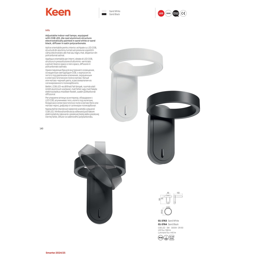 Redo 01-3763 - Iluminação de parede LED KEEN LED/6W/230V CRI 90 3000K branco