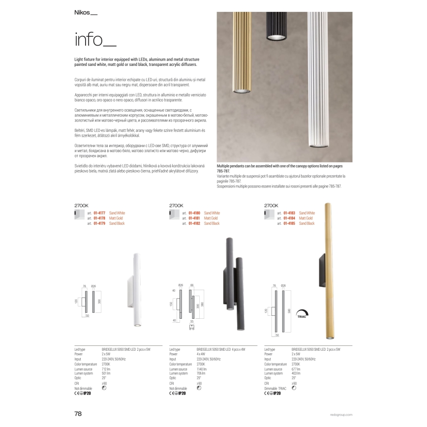 Redo 01-3857 - Lustre suspenso por cabo NIKOS LED/8W/230V CRI 90 Ø 6 cm dourado