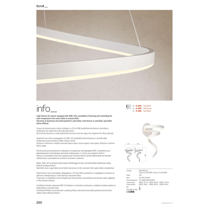 Redo 01-4014 - Lustre LED dimerizável em cabo SCROLL LED/38W/230V 3000K/4000K/6000K IRC 90 Ø 60 cm dourado