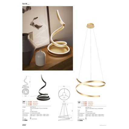 Redo 01-4014 - Lustre LED dimerizável em cabo SCROLL LED/38W/230V 3000K/4000K/6000K IRC 90 Ø 60 cm dourado