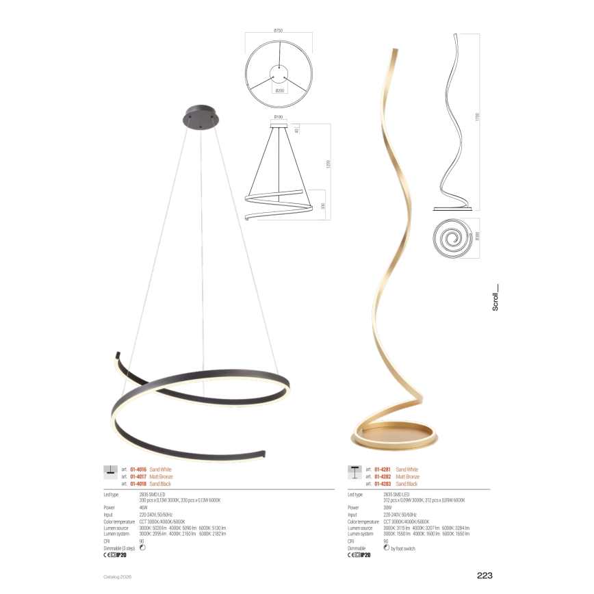 Redo 01-4283 - Candeeiro de pé LED dimerizável SCROLL LED/30W/230V 3000K/4000K/6000K IRC 90 preto