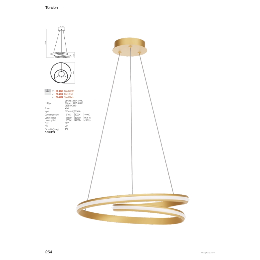 Redo 01-4360 - Lustre LED dimerizável suspenso por cabo TORSION LED/40W/230V 2700/3000/4000K CRI 90 diâmetro 56 cm branco