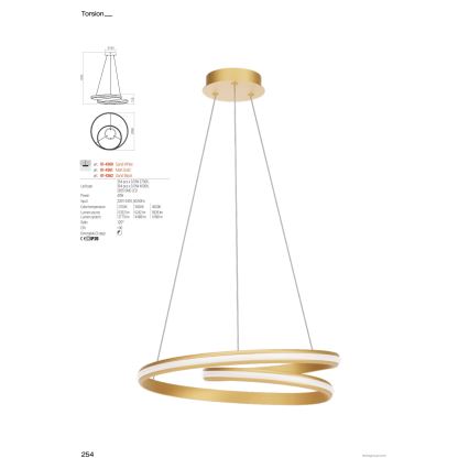 Redo 01-4361 - Lustre pendente dimerizável em cabo TORSION LED/40W/230V 2700/3000/4000K IRC 90 Ø 56 cm dourado