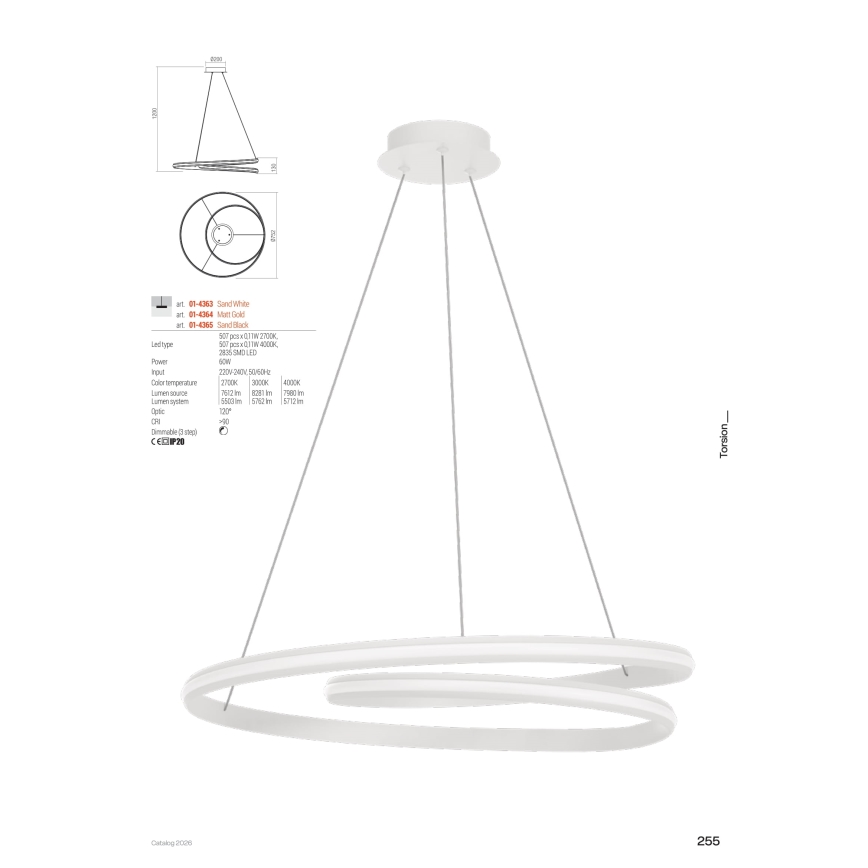 Redo 01-4363 - Lustre suspenso LED regulável em cabo TORSION LED/60W/230V 2700/3000/4000K IRC 90 Ø 75,2 cm branco