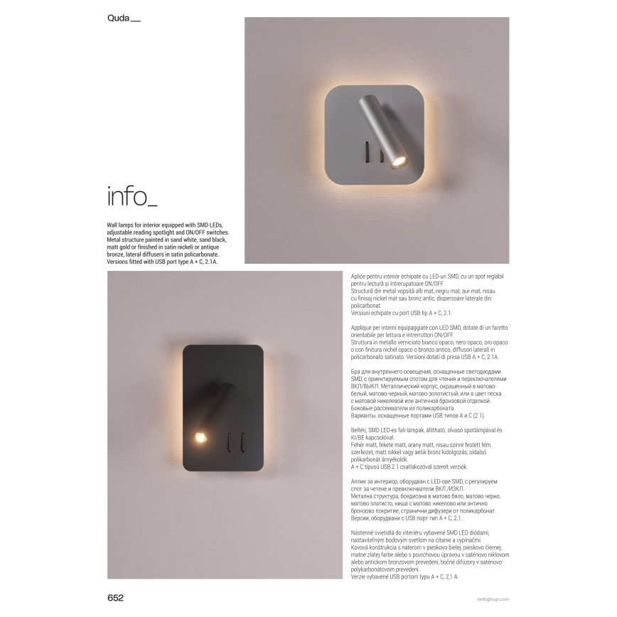 Redo 01-4473 - Aplique de parede LED QUDA LED/6W/230V + LED/3W CRI 90 USB bronze