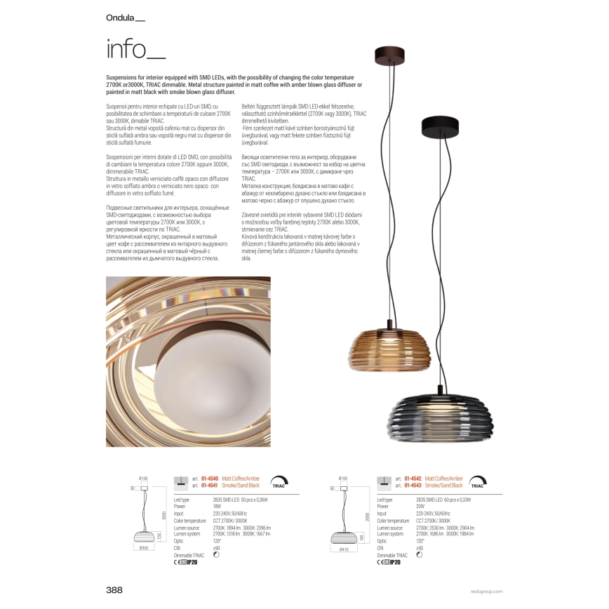 Redo 01-4540 - Lustre pendente dimerizável em cabo ONDULA LED/12W/230V 2700K/3000K CRI 90, diâmetro 32 cm, bege/fumê