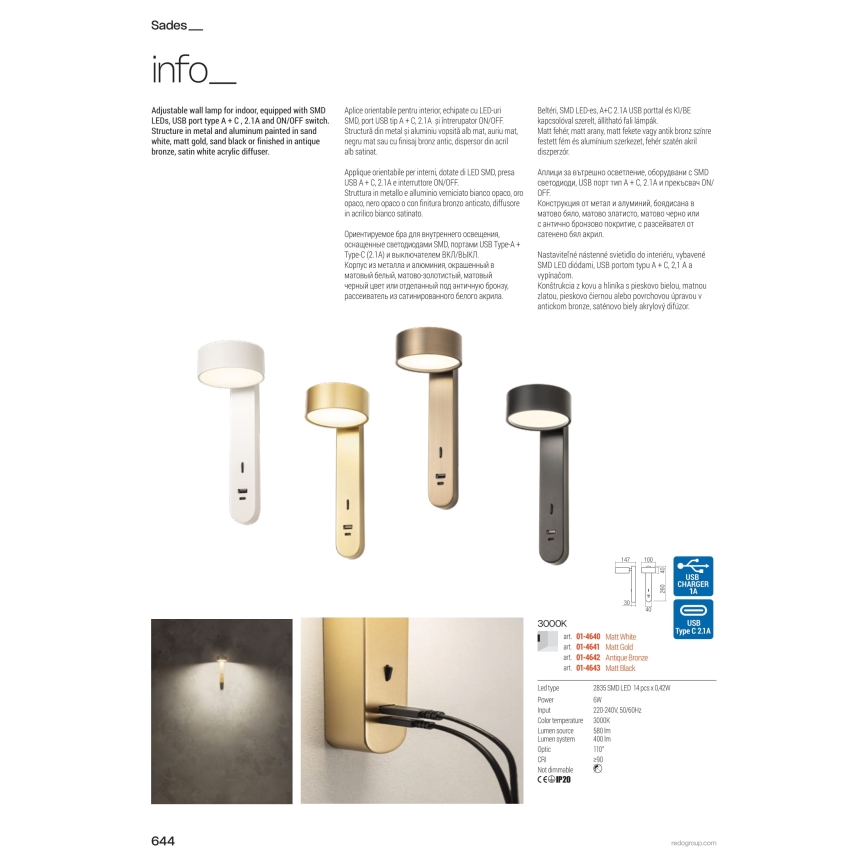 Redo 01-4640 - Luminária de parede LED SADES LED/6W/230V CRI 90 USB branca