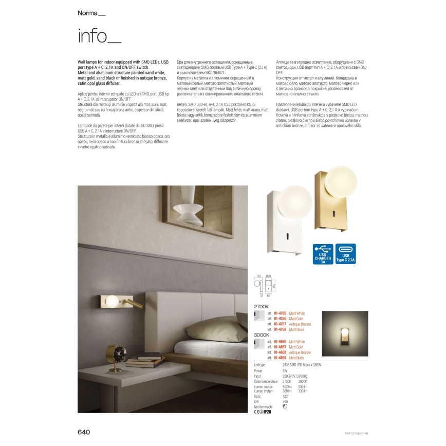 Redo 01-4661 - Aplique de parede LED NORMA LED/5W/230V + LED/3W CRI 90 USB branco/dourado