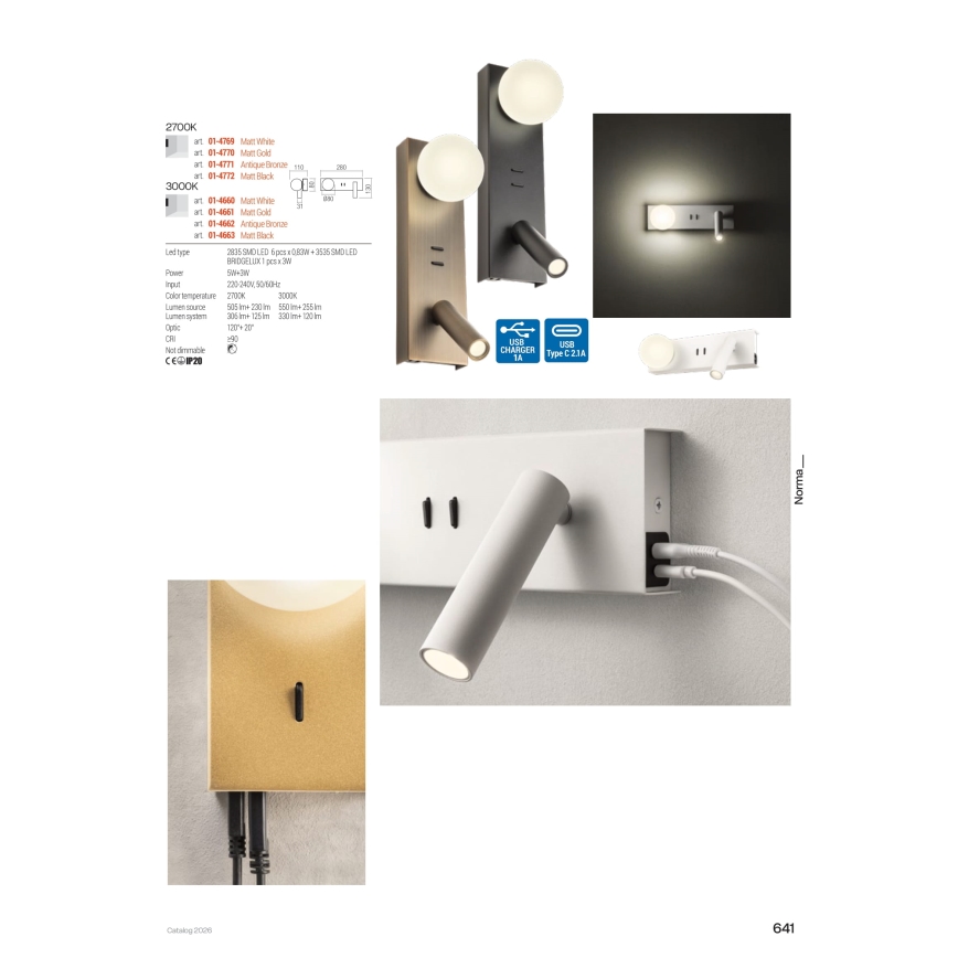 Redo 01-4662 - Aplique de parede NORMA LED/5W/230V + LED/3W IRC 90 USB branco/bronze