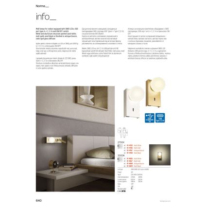 Redo 01-4663 - Aplique de parede LED NORMA LED/5W/230V + LED/3W CRI 90 USB branco/preto