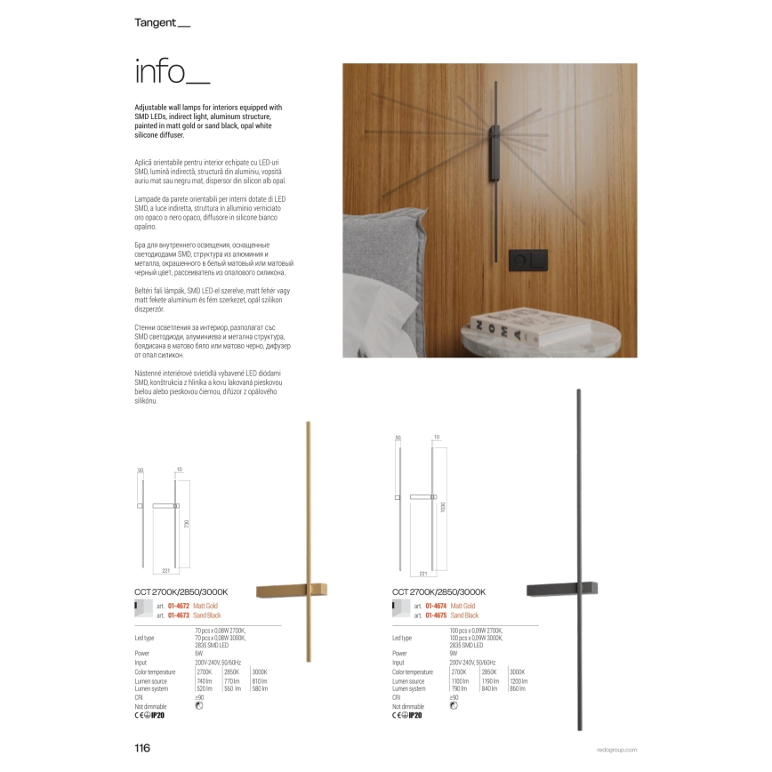 Redo 01-4674 - Aplique de parede LED TANGENT LED/9W/230V 2700/2850/3000K 73 cm CRI 90 dourado