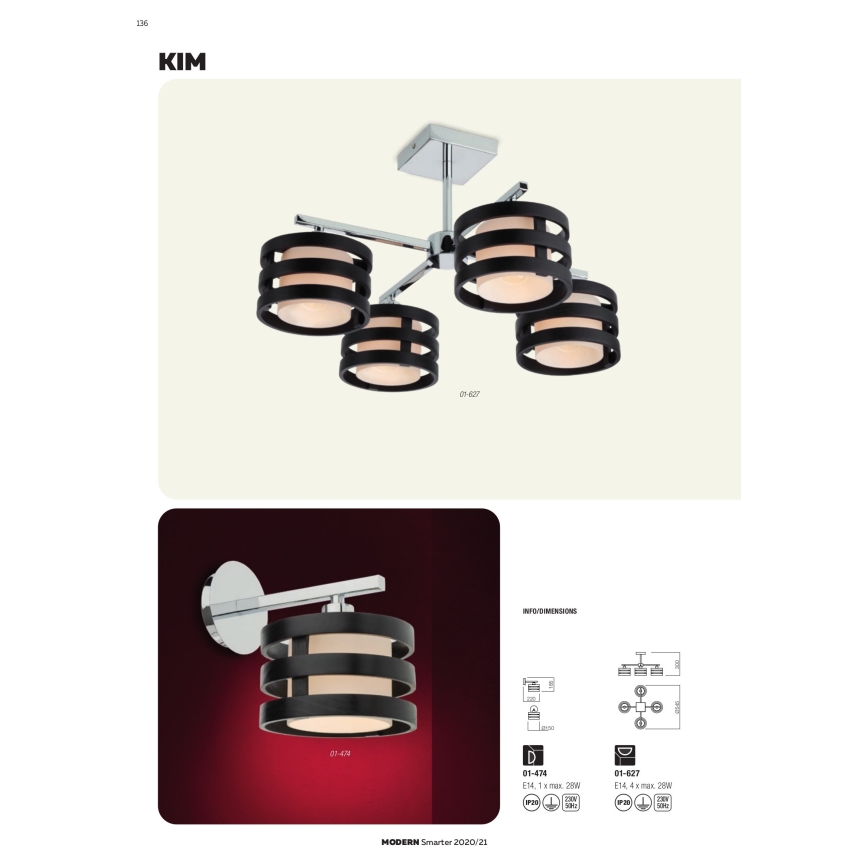 Redo 01-627 - Lustre de haste KIM 4xE14/28W/230V cromo brilhante/preto