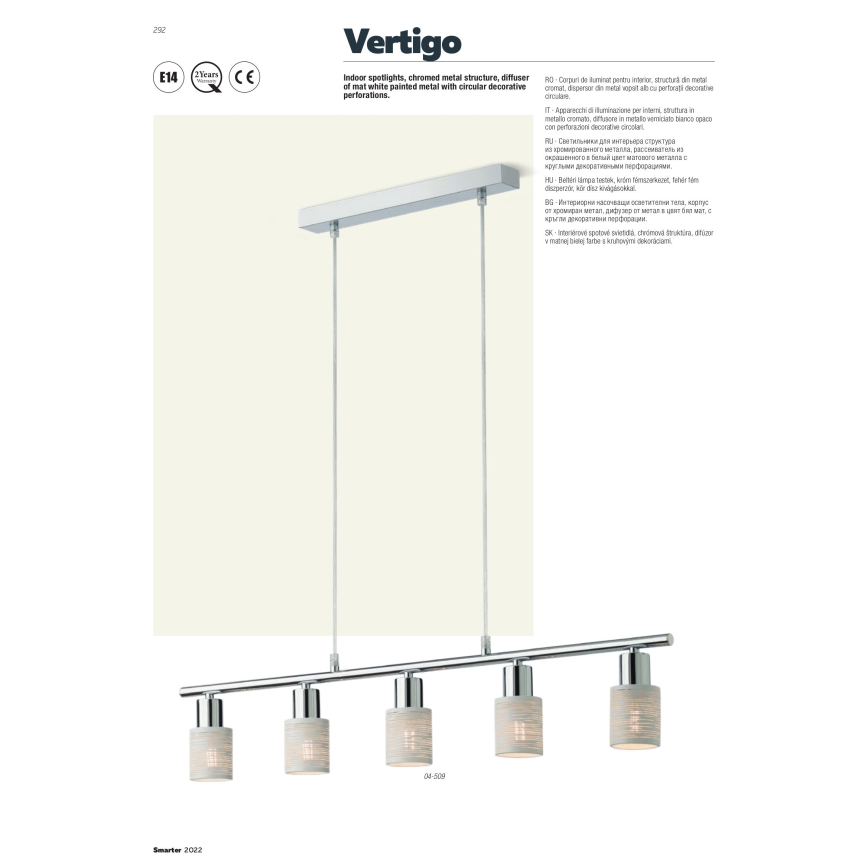Redo 04-509 - Lustre suspenso por cabo VERTIGO 5xE14/28W/230V cromado brilhante/branco