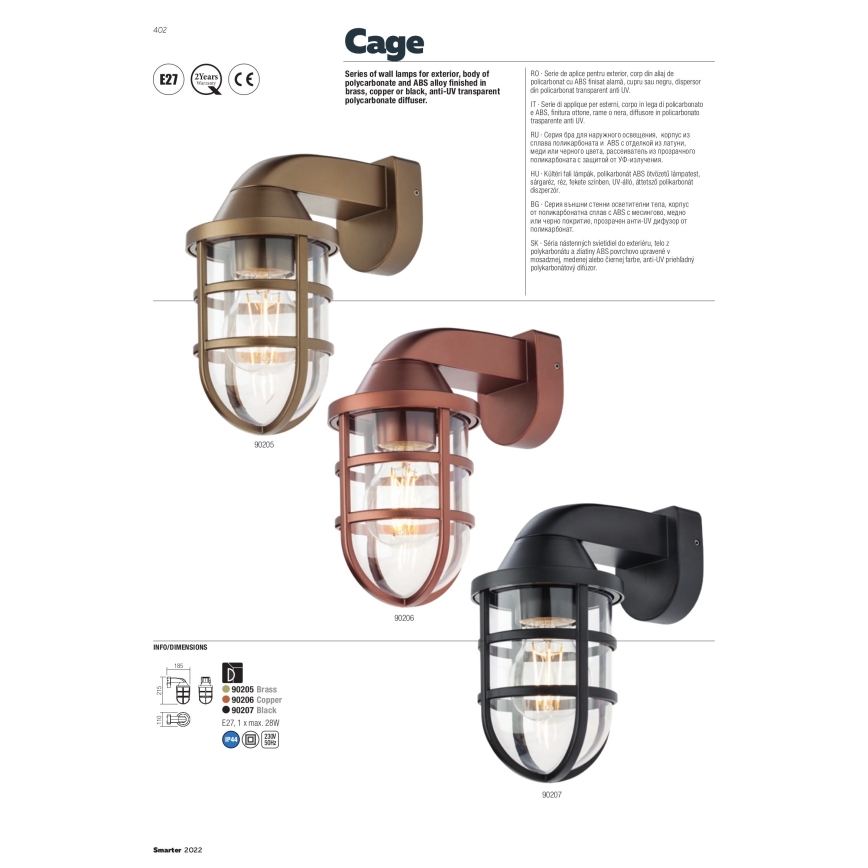 Redo 90205 - Iluminação de parede exterior CAGE 1xE27/28W/230V IP44 latão
