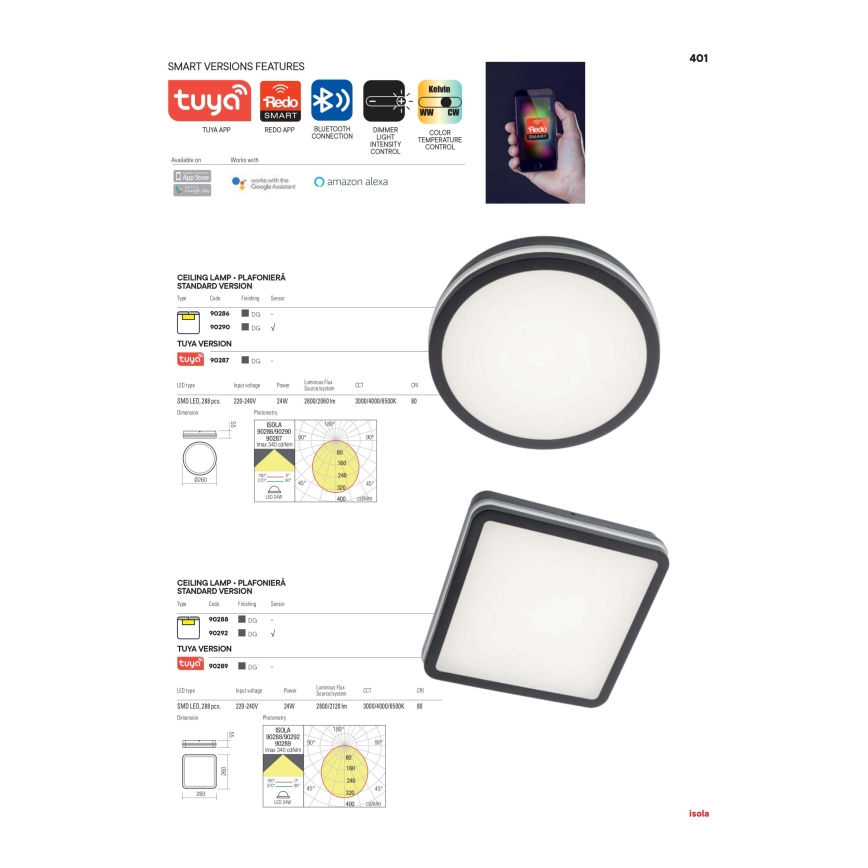 Redo 90292 - Iluminação de teto exterior LED com sensor ISOLA LED/24W/230V 26x26 cm 3000/4000/6500K IP54 antracite