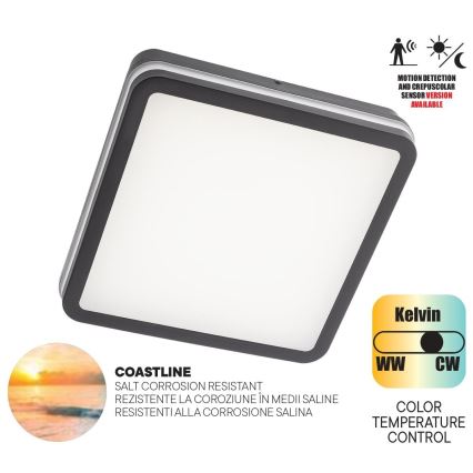 Redo 90292 - Iluminação de teto exterior LED com sensor ISOLA LED/24W/230V 26x26 cm 3000/4000/6500K IP54 antracite