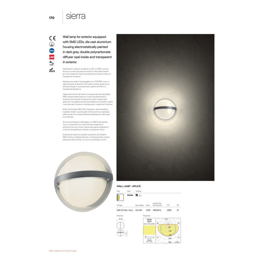 Redo 90364 - Iluminação de parede exterior LED SIERRA LED/10,8W/230V IP54