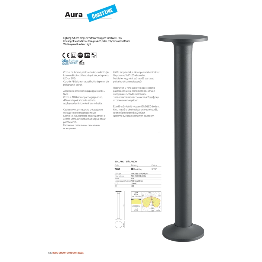 Redo 90371 - Aplique de parede exterior AURA LED/8W/230V 3000K IP65 antracite