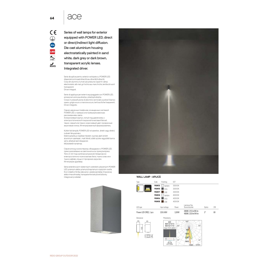 Redo 90413 - Iluminação de parede exterior LED ACE LED/3,36W/230V 3000K IP54 branco