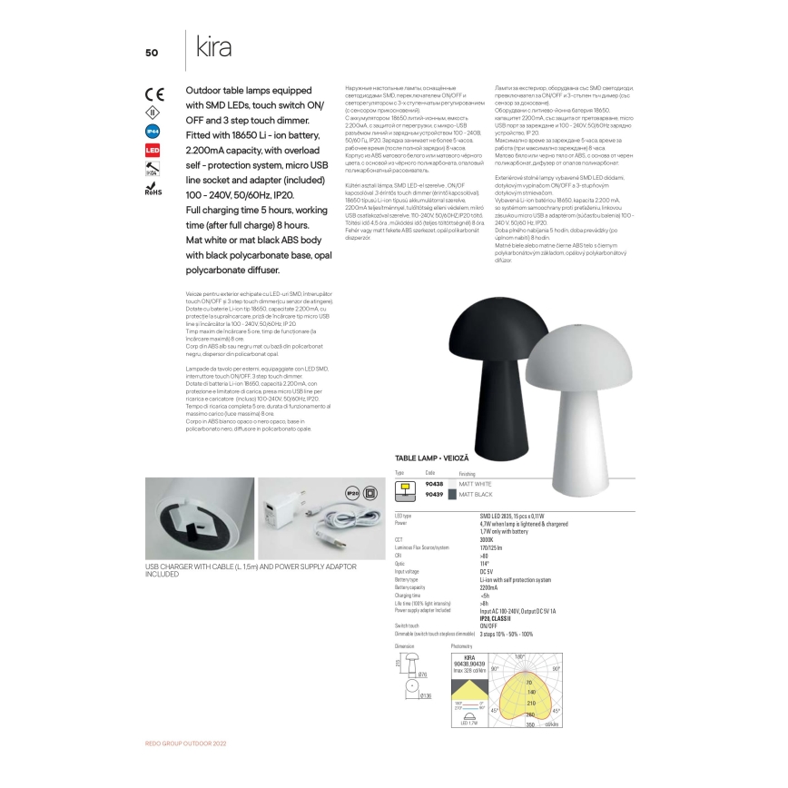 Redo 90439 - Lâmpada LED exterior tátil regulável KIRA LED/4,7W/230V 2200 mAh IP44 preta