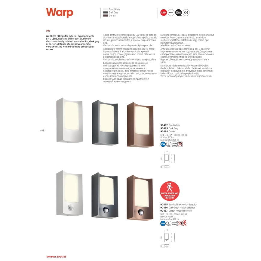 Redo 90487 - LED Iluminação de parede exterior com sensor WARP LED/8W/230V 3000K IP44 castanho