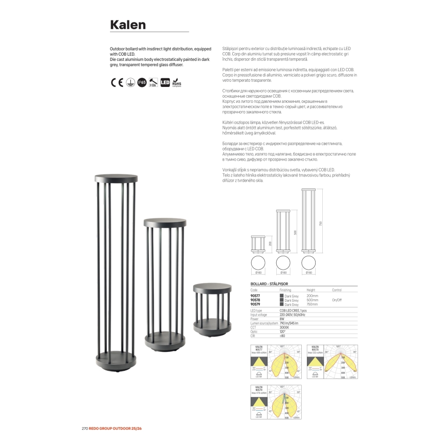 Redo 90577 - Luminária LED de exterior KALEN, 8W/230V, 3000K, 20 cm, IP65, antracite