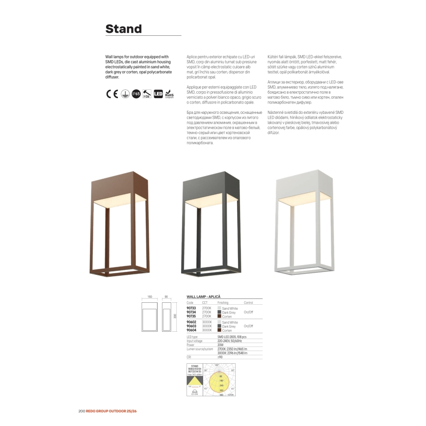Redo 90604 - Aplique de parede LED para exterior STAND LED/20W/230V 3000K CRI 90 IP65 castanho