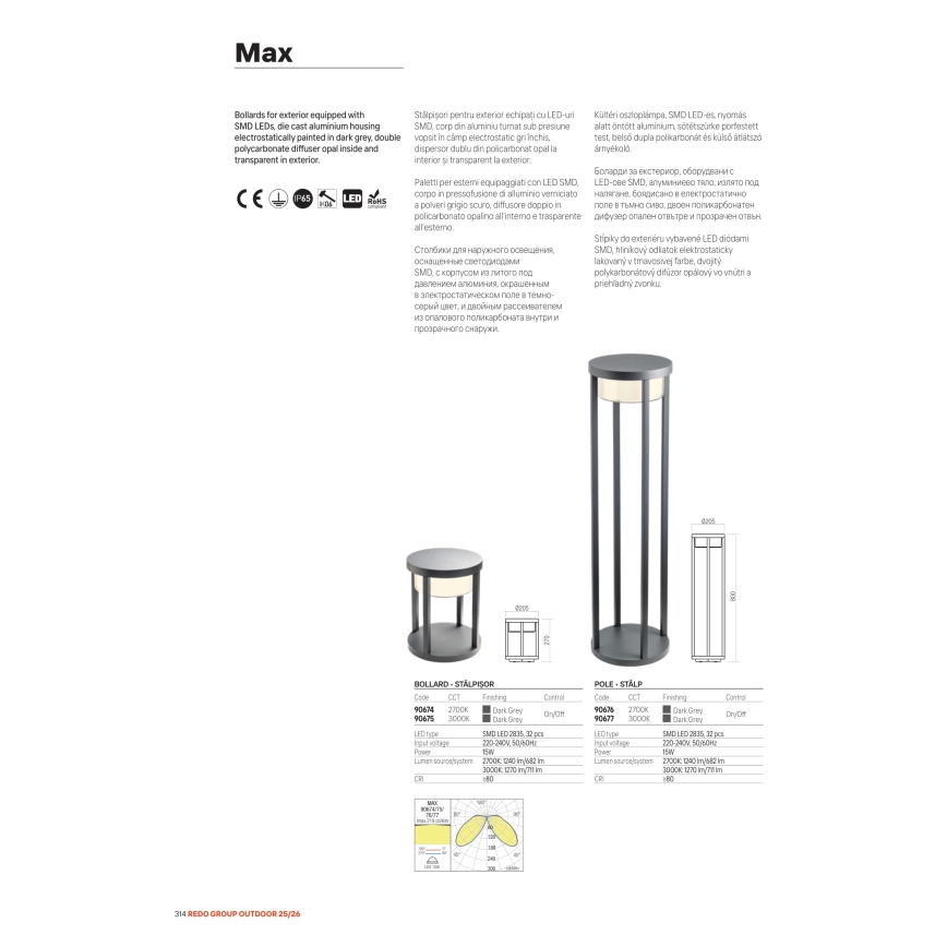 Redo 90676 - Luminária LED exterior MAX LED/15W/230V 2700K 80 cm IP65 antracite