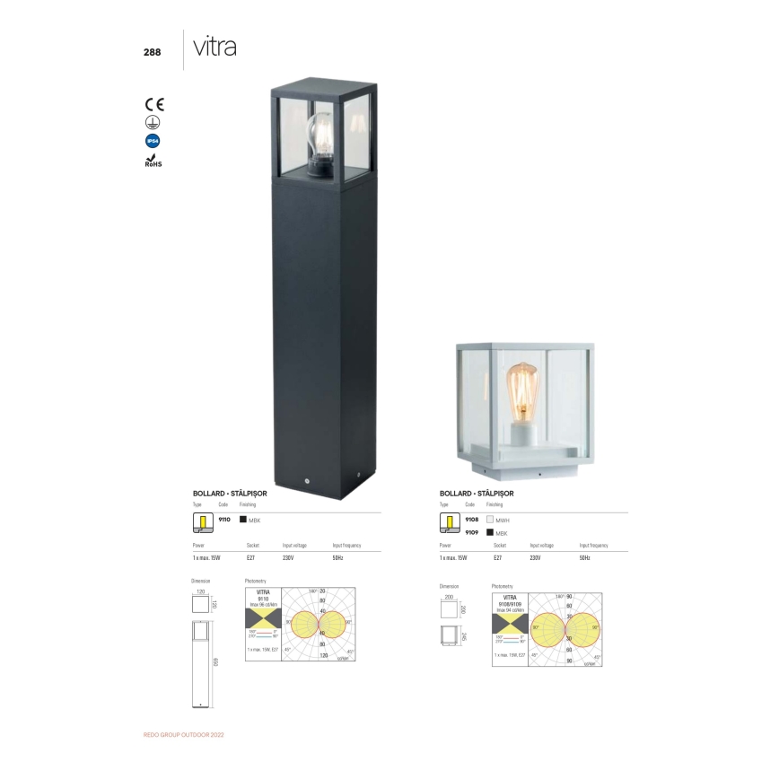 Redo 9109 - Candeeiro exterior VITRA 1xE27/15W/230V IP54 preto