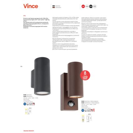 Redo 9453 - Aplique LED de parede para exterior com sensor VINCE 2xLED/3W/230V IP54 antracite