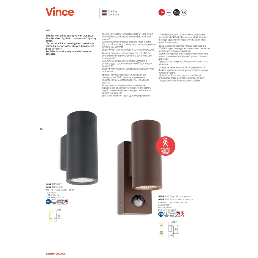 Redo 9455 - Aplique de parede LED exterior com sensor VINCE 2xLED/3W/230V IP54 castanho
