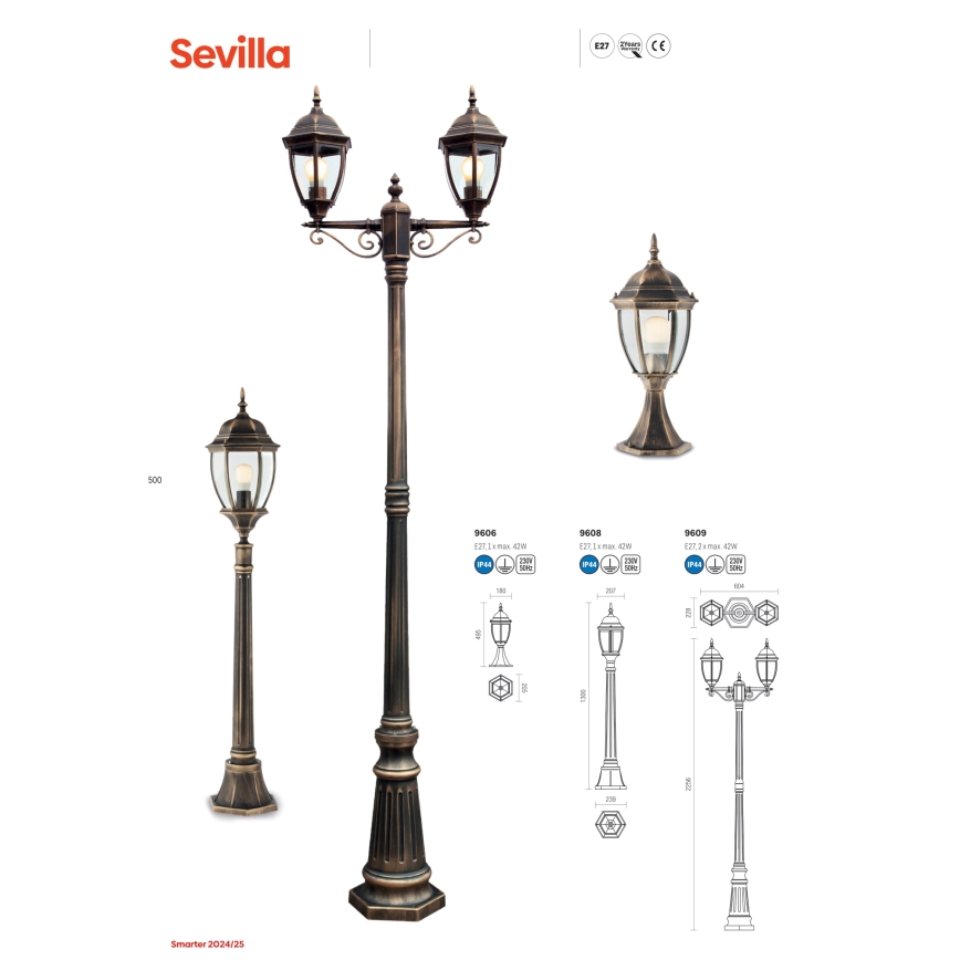 Redo 9607 - Candeeiro suspenso exterior SEVILLA 1xE27/42W/230V IP44 dourado/pátina